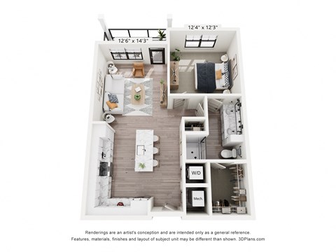 Floor plan for 1 bed, 1 bath, 807 sqft